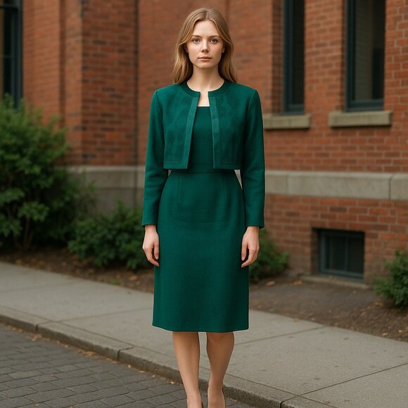 Karin Stevens Emerald Green Two-Piece Dress Suit with Embroidered Jacket Size 10 - Picture 1 of 9